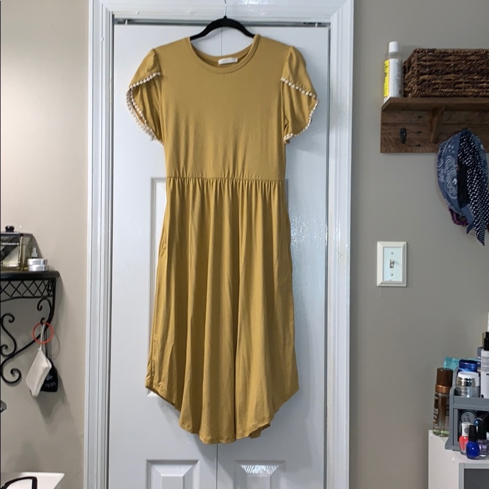 Mustard midi dress with pompom sleeves & pockets